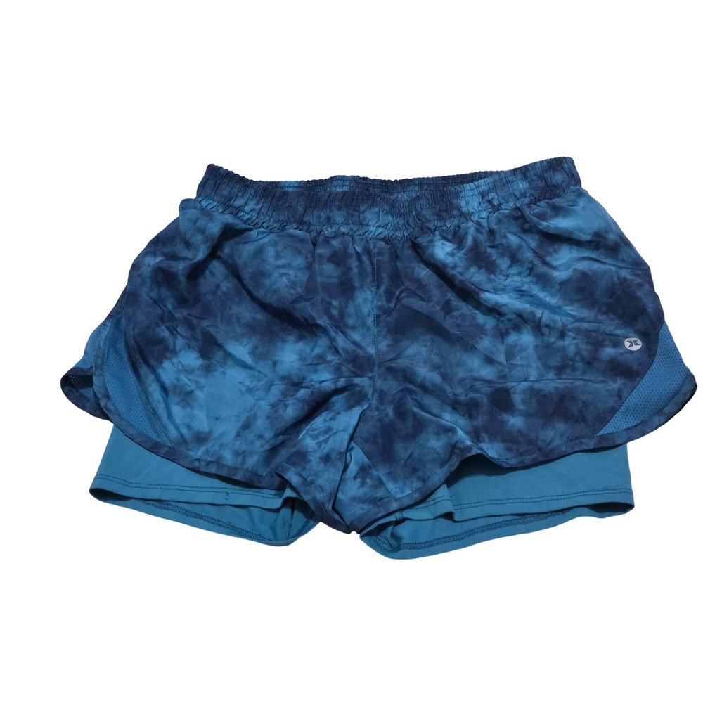 RBX X-Dri Womens Blue Tie Dye Layered Running Shorts Built-in‎ Liner Size SP